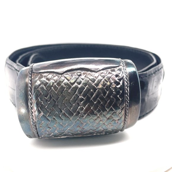 J&M Davidson Black Shiny Mens Leather Buckle Belt Silver Tone